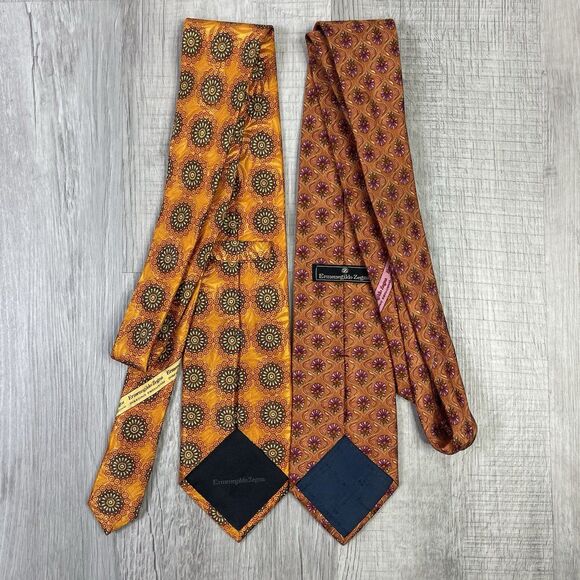 ERMENEGILDO ZEGNA Mens 100% Silk Necktie ITALY Luxury FLORAL Lot 2 Orange EUC - Picture 5 of 8